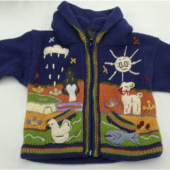 Martin Cone Children's Hooded Cardigan 100% Wool hand made Ecuador animals lambs - Picture 12 of 12